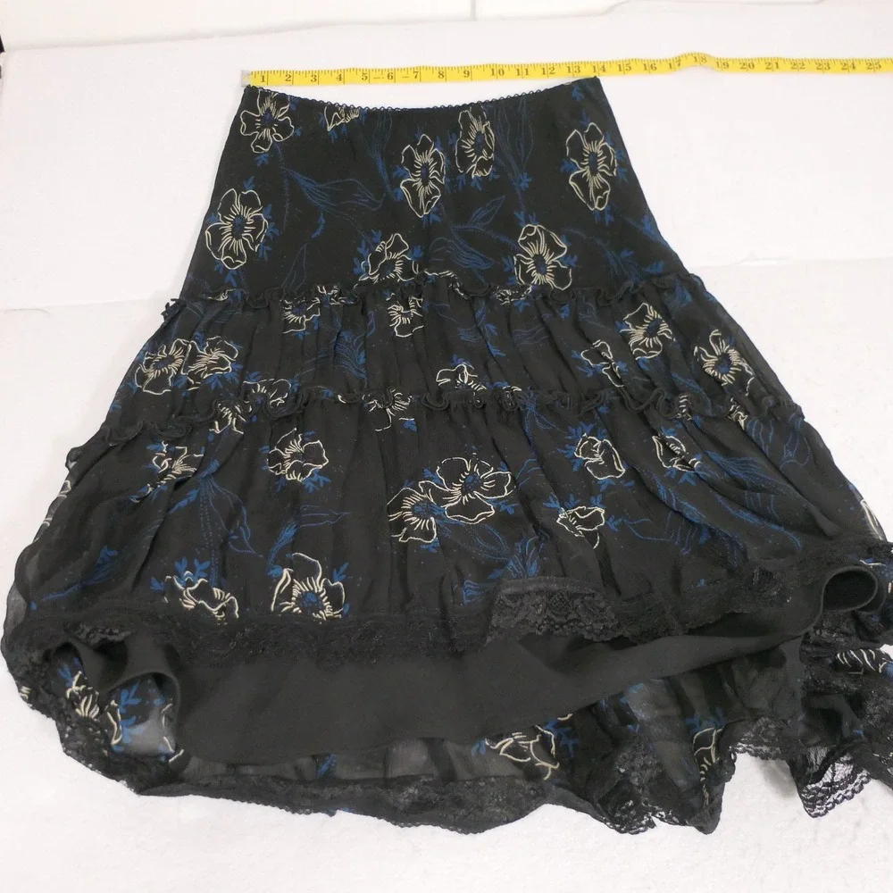 INC Women Silk Skirt 8 Black Midi Floral Tiered Lace Trim Romantic Feminine Goth